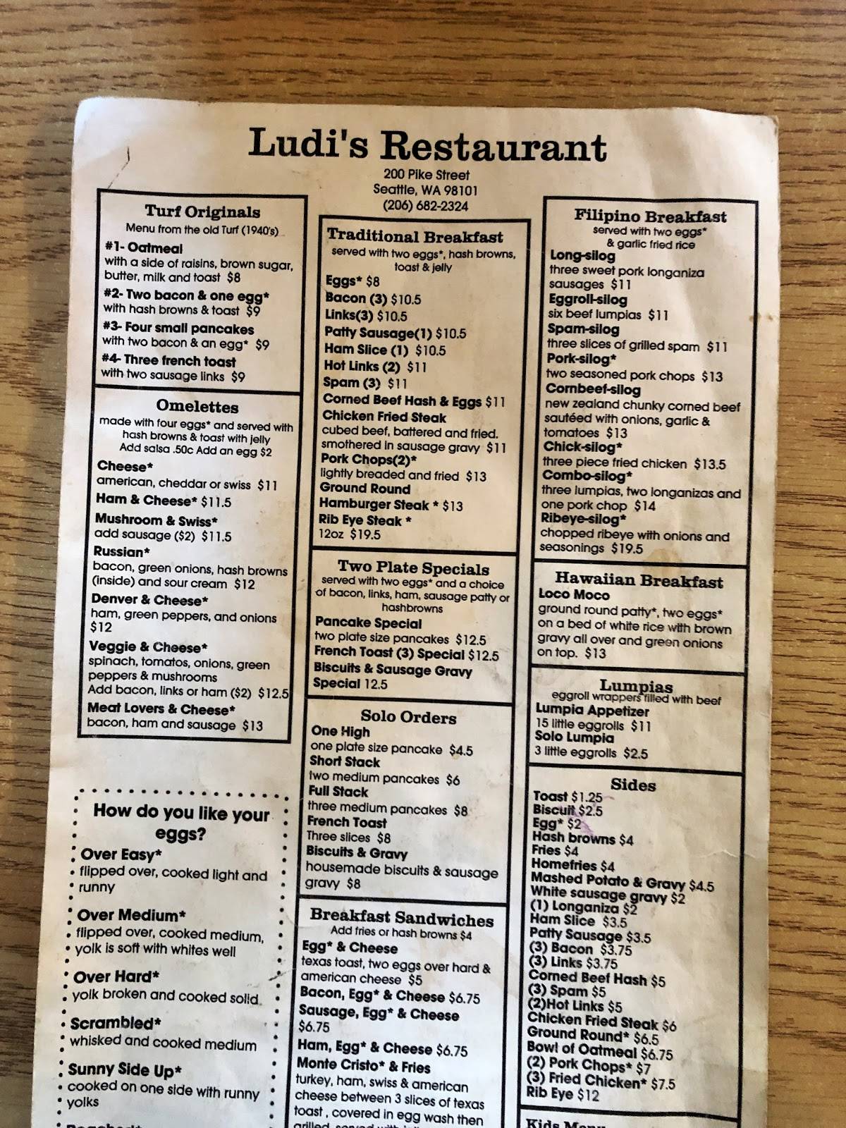 Menu at Ludi's restaurant, Seattle