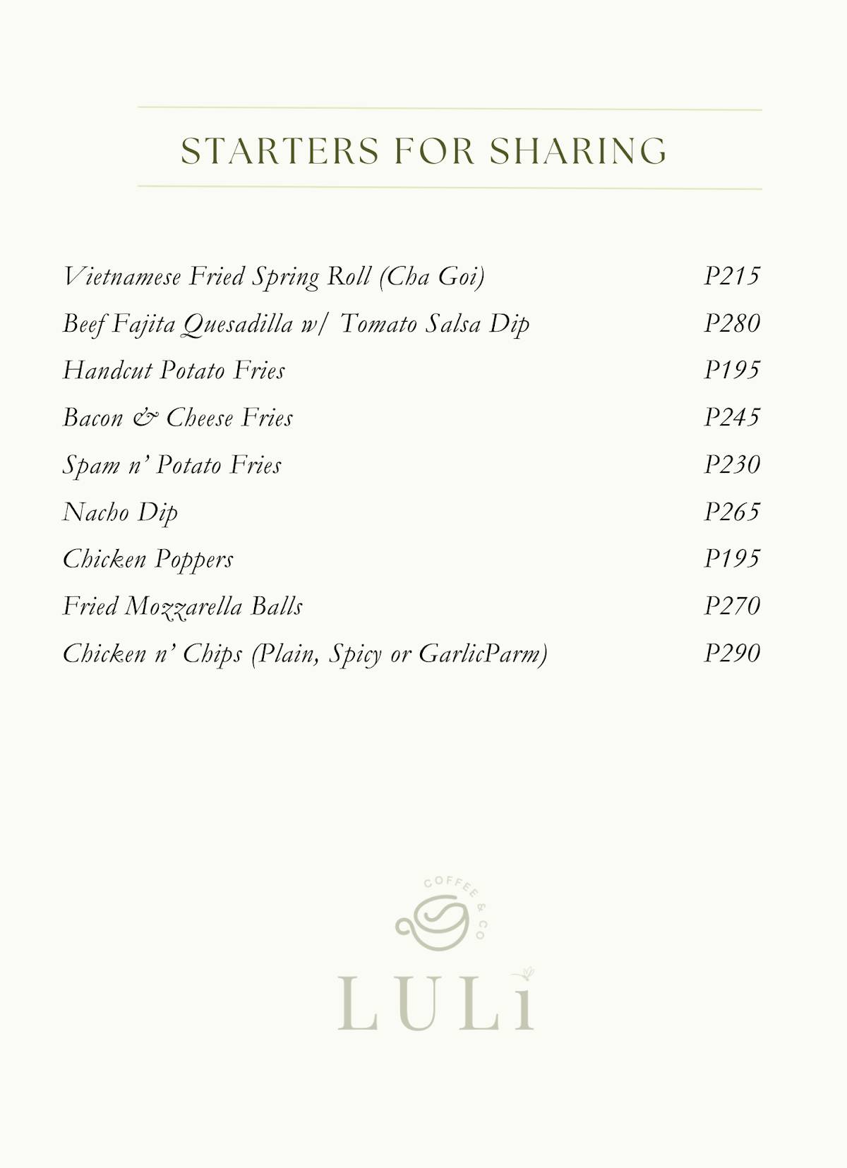 Menu at Luli Coffee & Co. cafe, San Jose de Buenavista