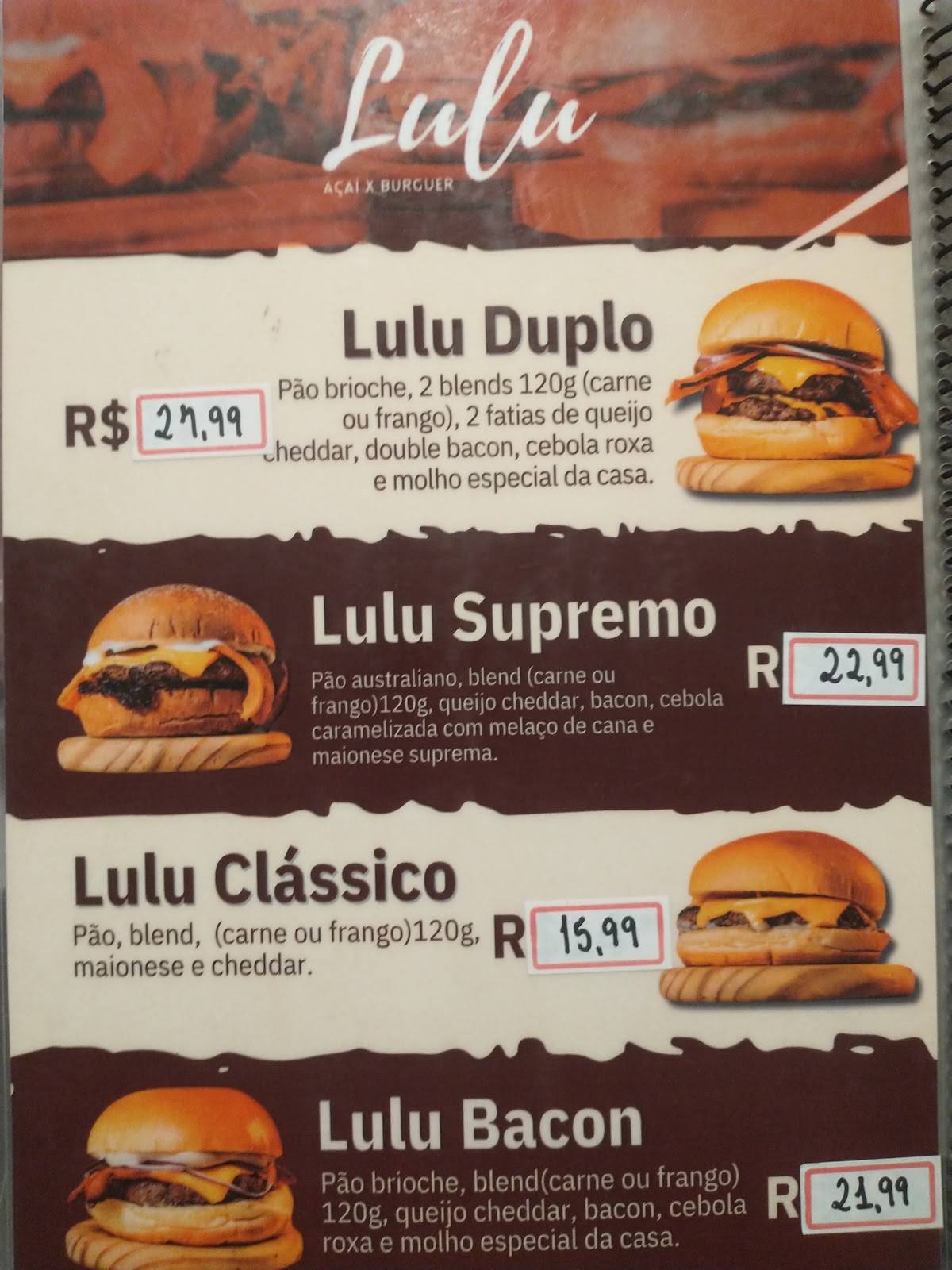 Lulu açaí x burguer cardápio