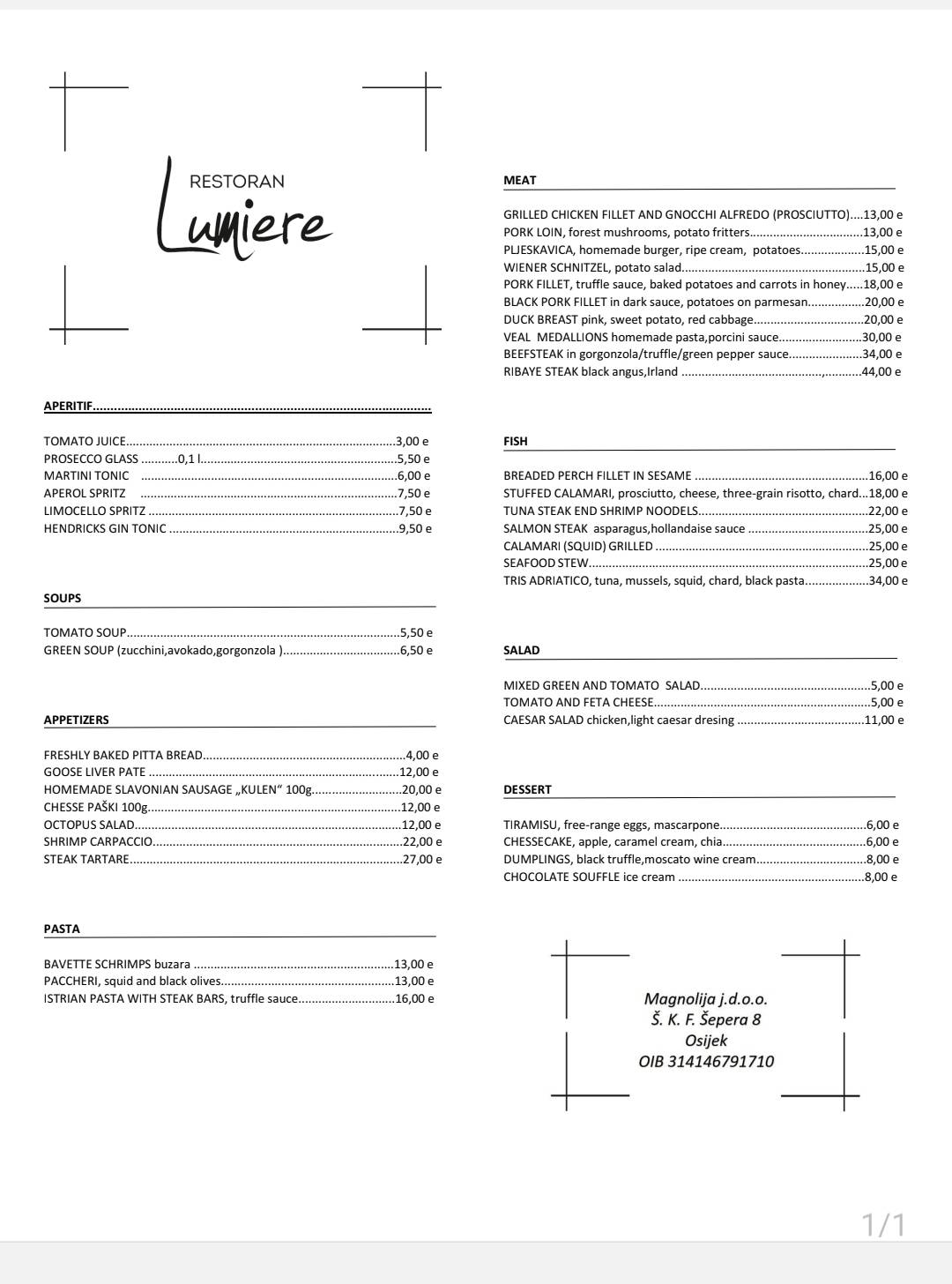 Menu di Lumiere bistro / cafe bar 