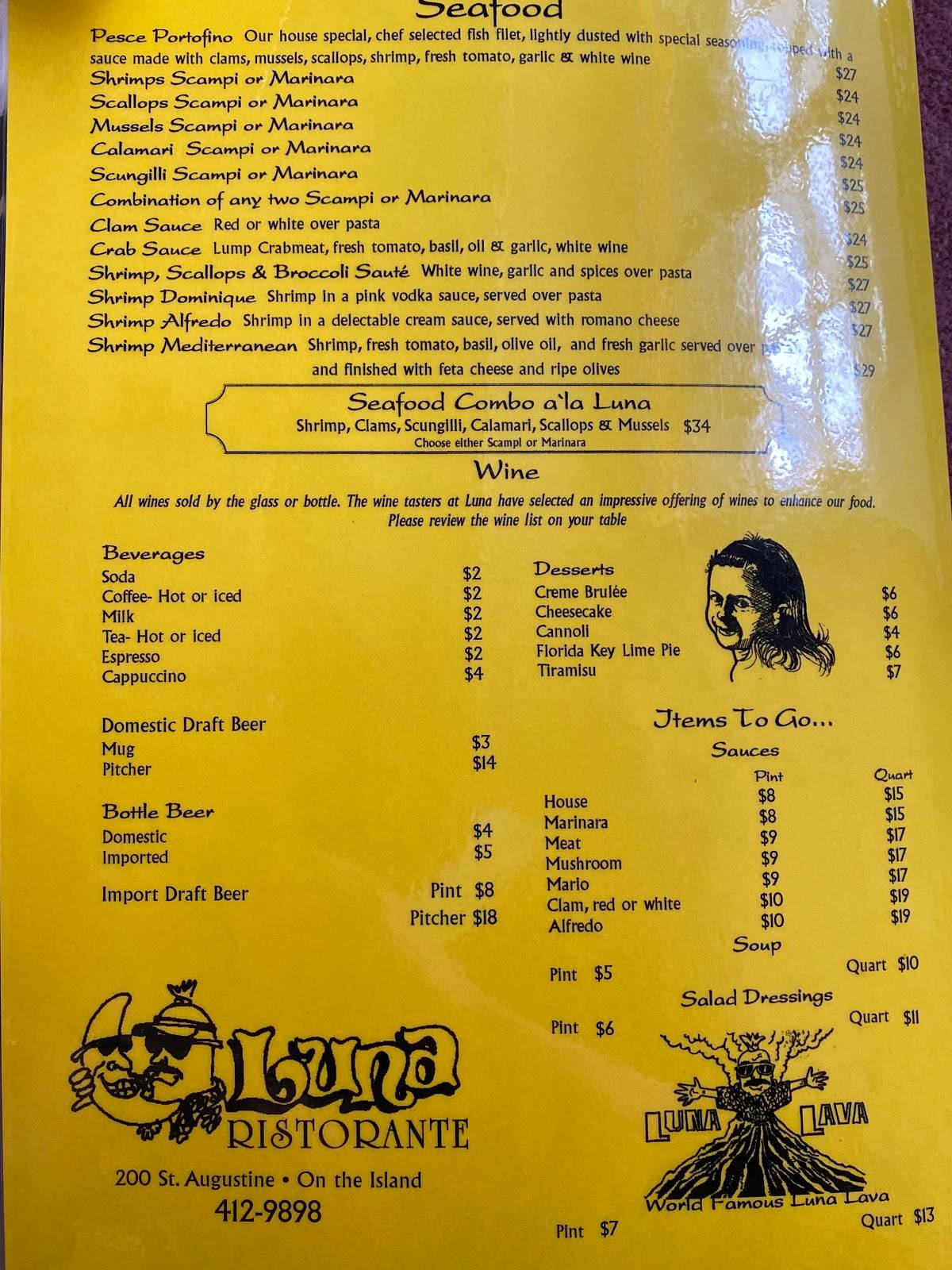 Menu at Luna Restaurant, Venice