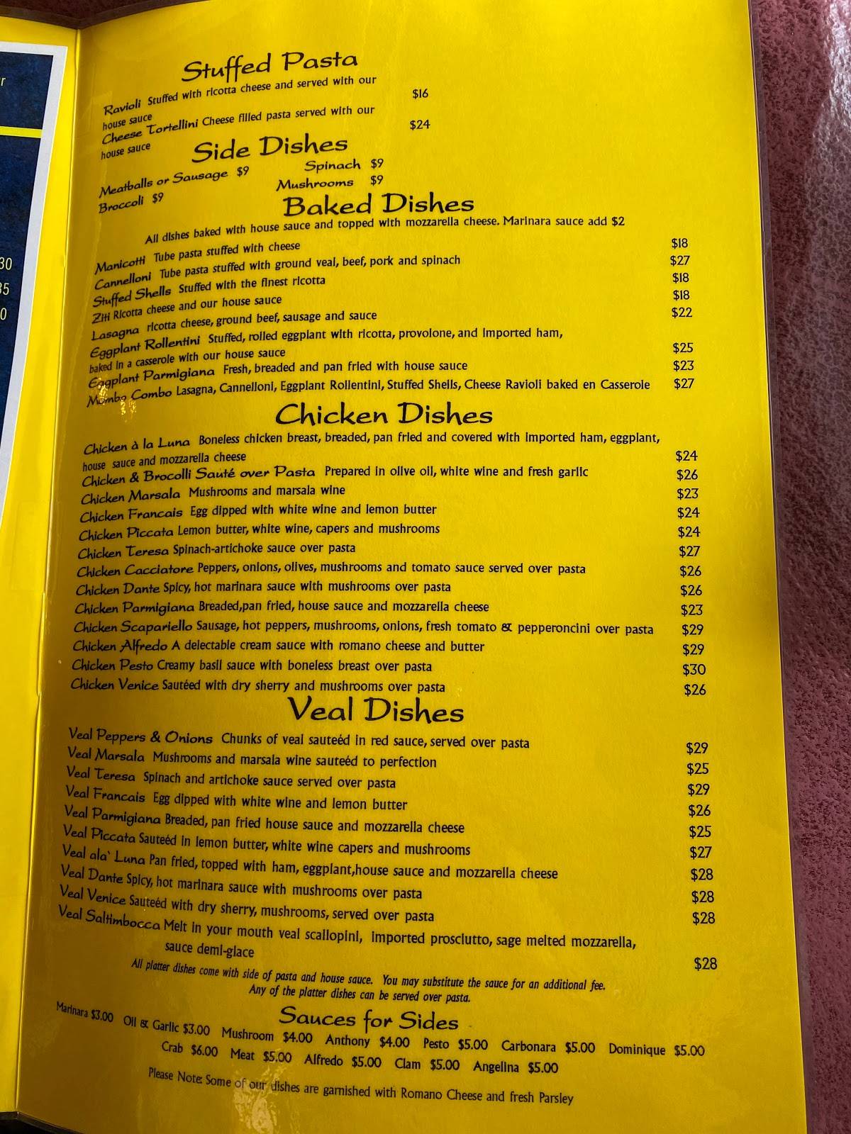 Menu at Luna Restaurant, Venice