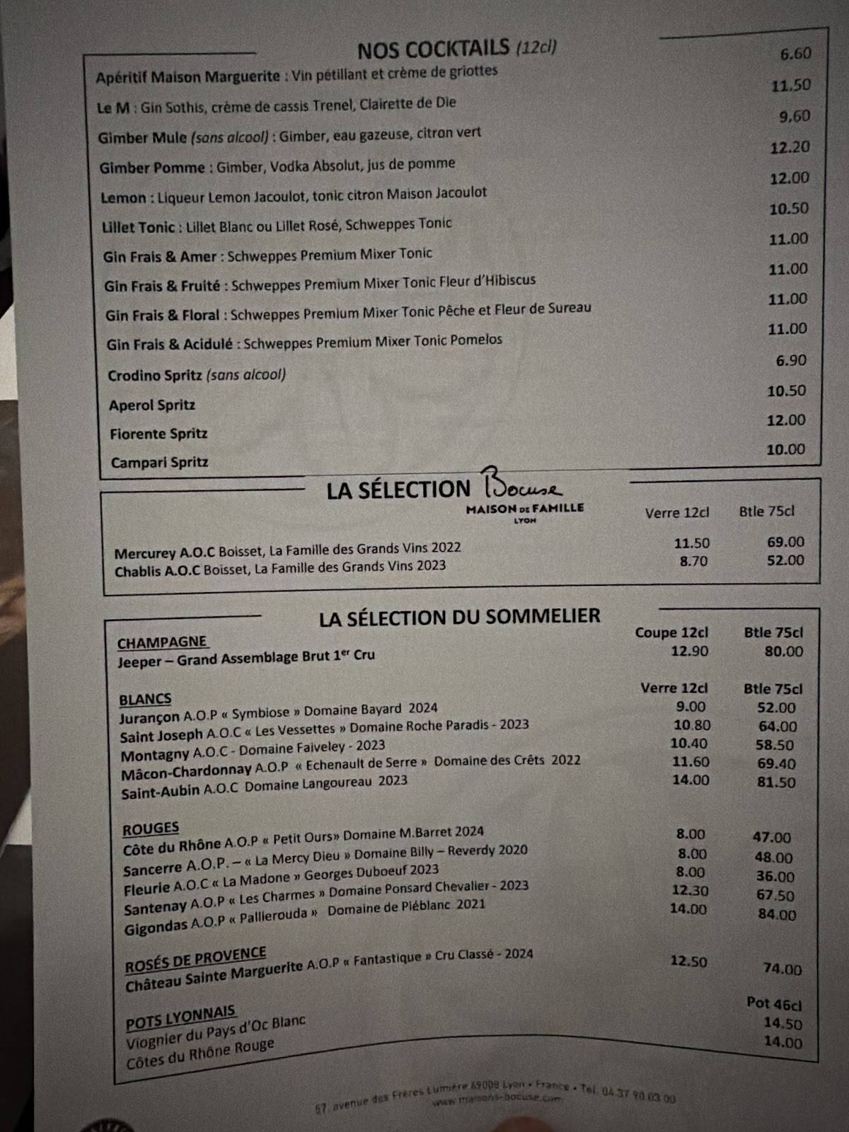 Menu de Restaurant Marguerite - Bocuse