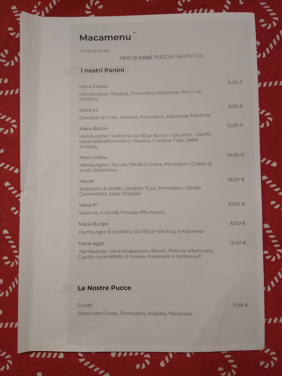 Menu de Macari Pub