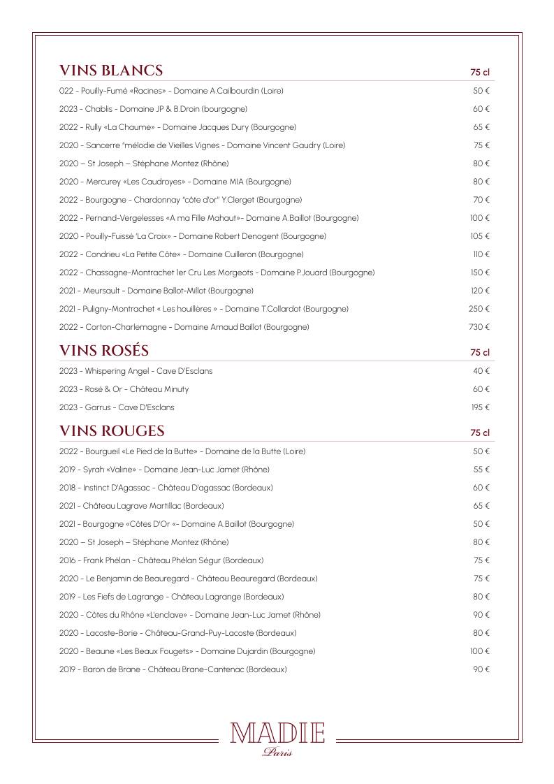 Menu de Madie