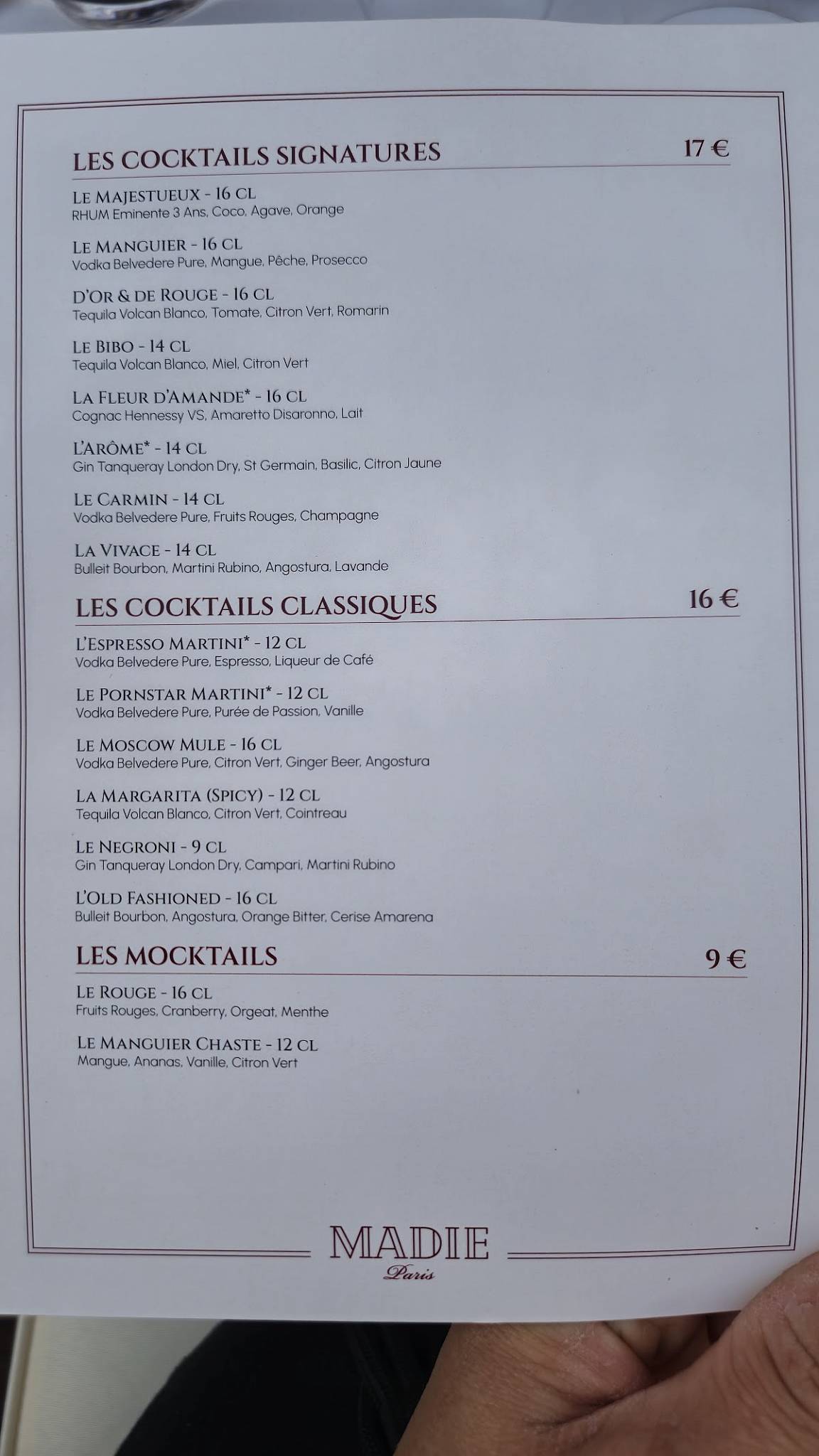 Menu de Madie