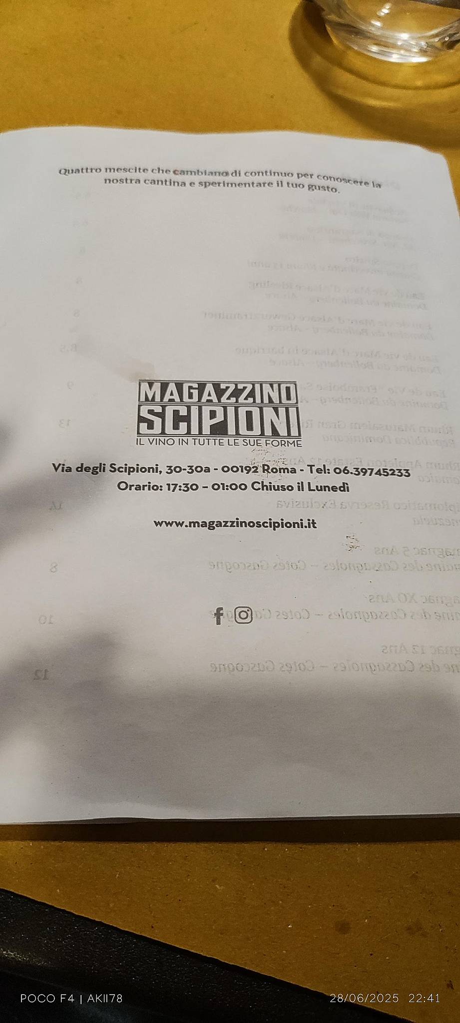 Menu di Magazzino Scipioni 
