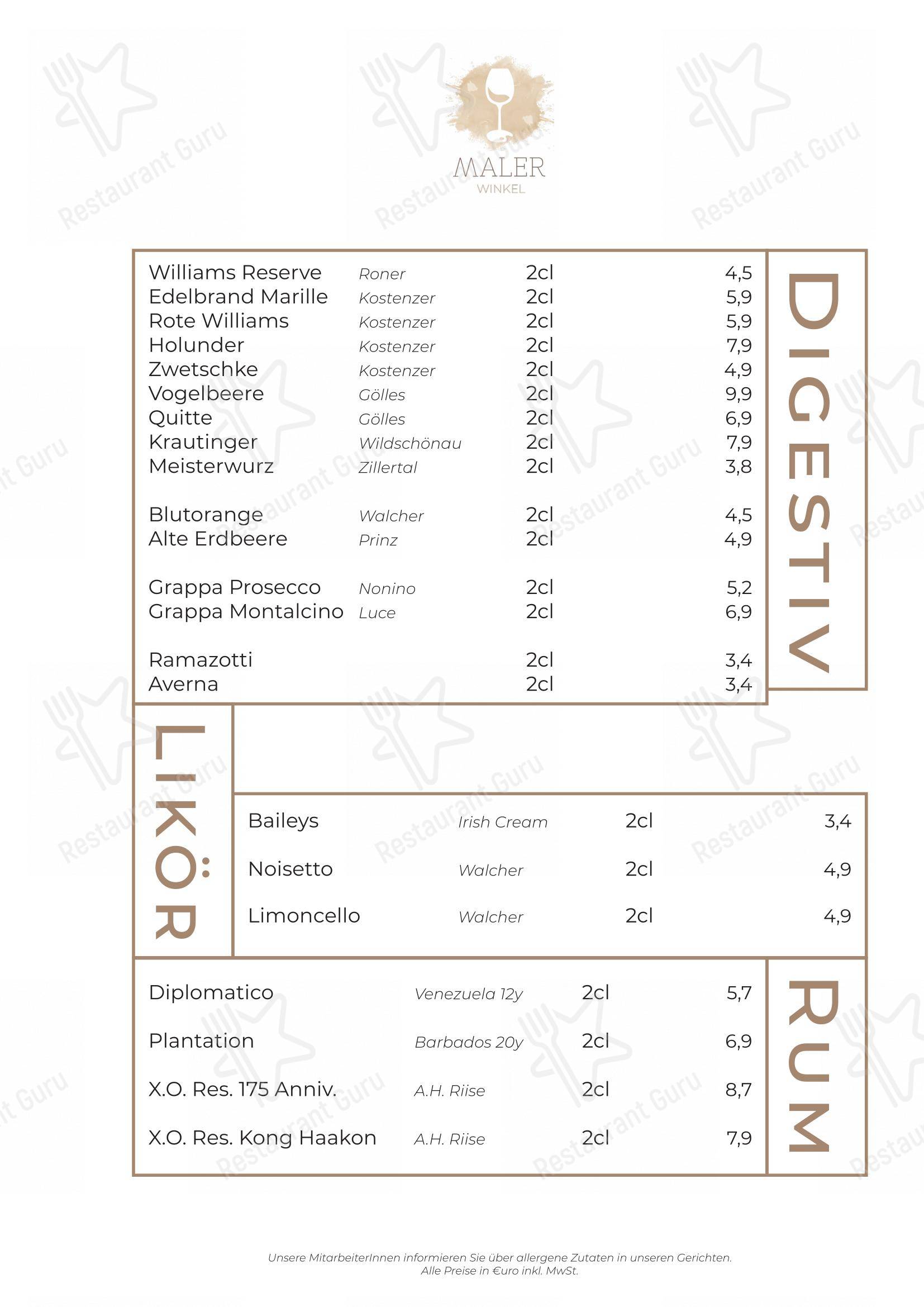Menu pour Malerwinkel Rattenberg - Menu
