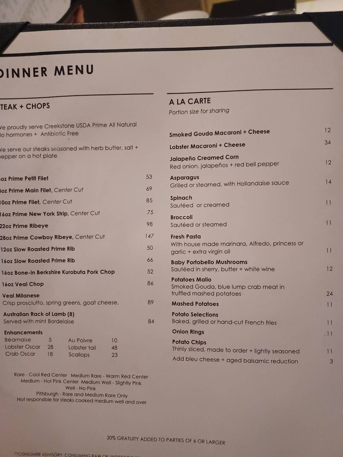 Menu at Malio's steakhouse, Tampa