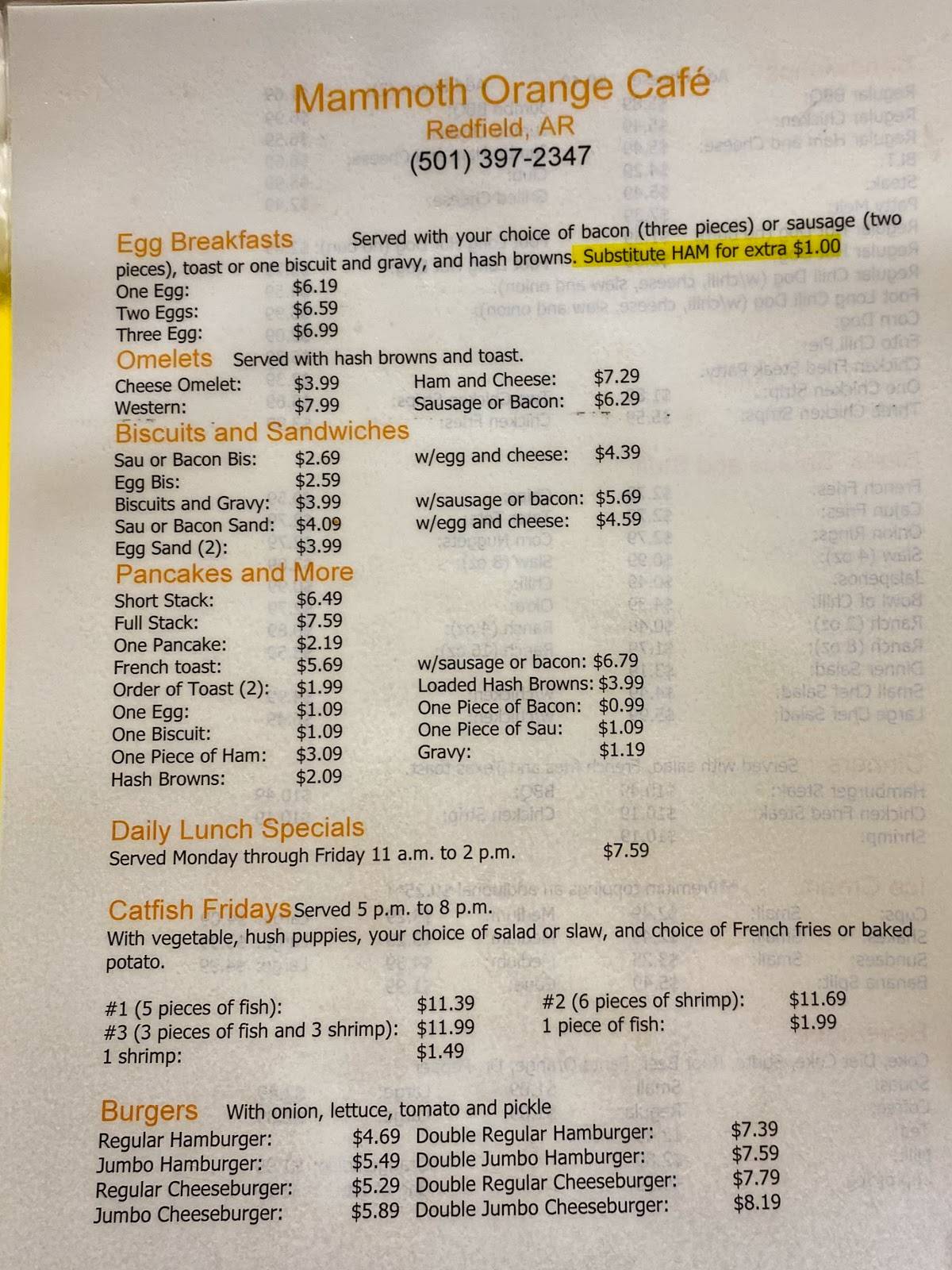 Menu at Mammoth Orange Cafe, Redfield, Highway 365