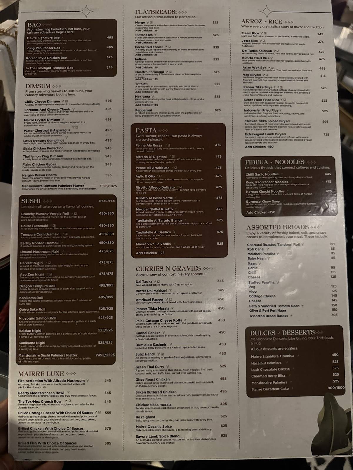 Mansionairre By The Roof menu