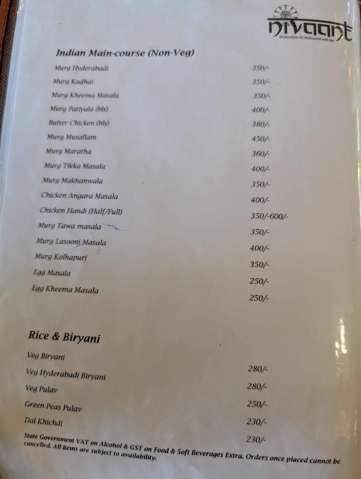 Nivaant Multicuisine AC Restaurant with Bar menu