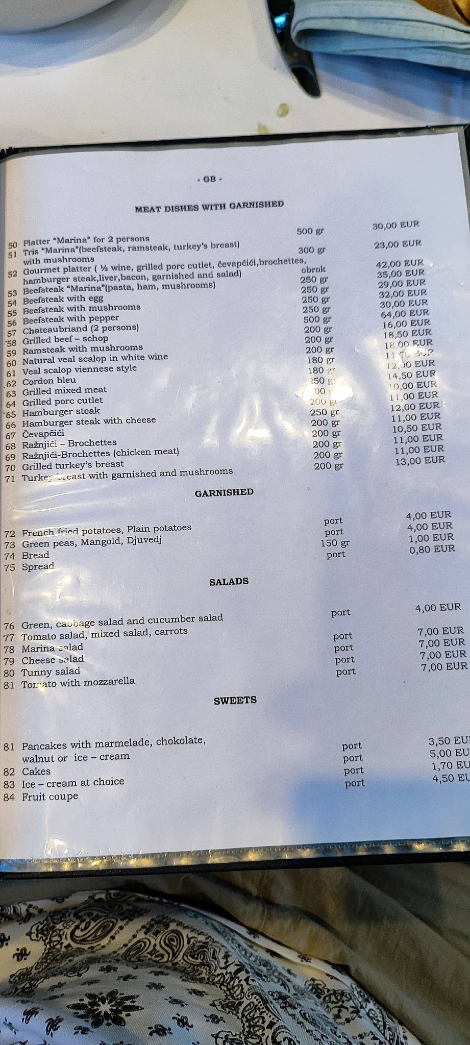 Menu de Marina Restaurant