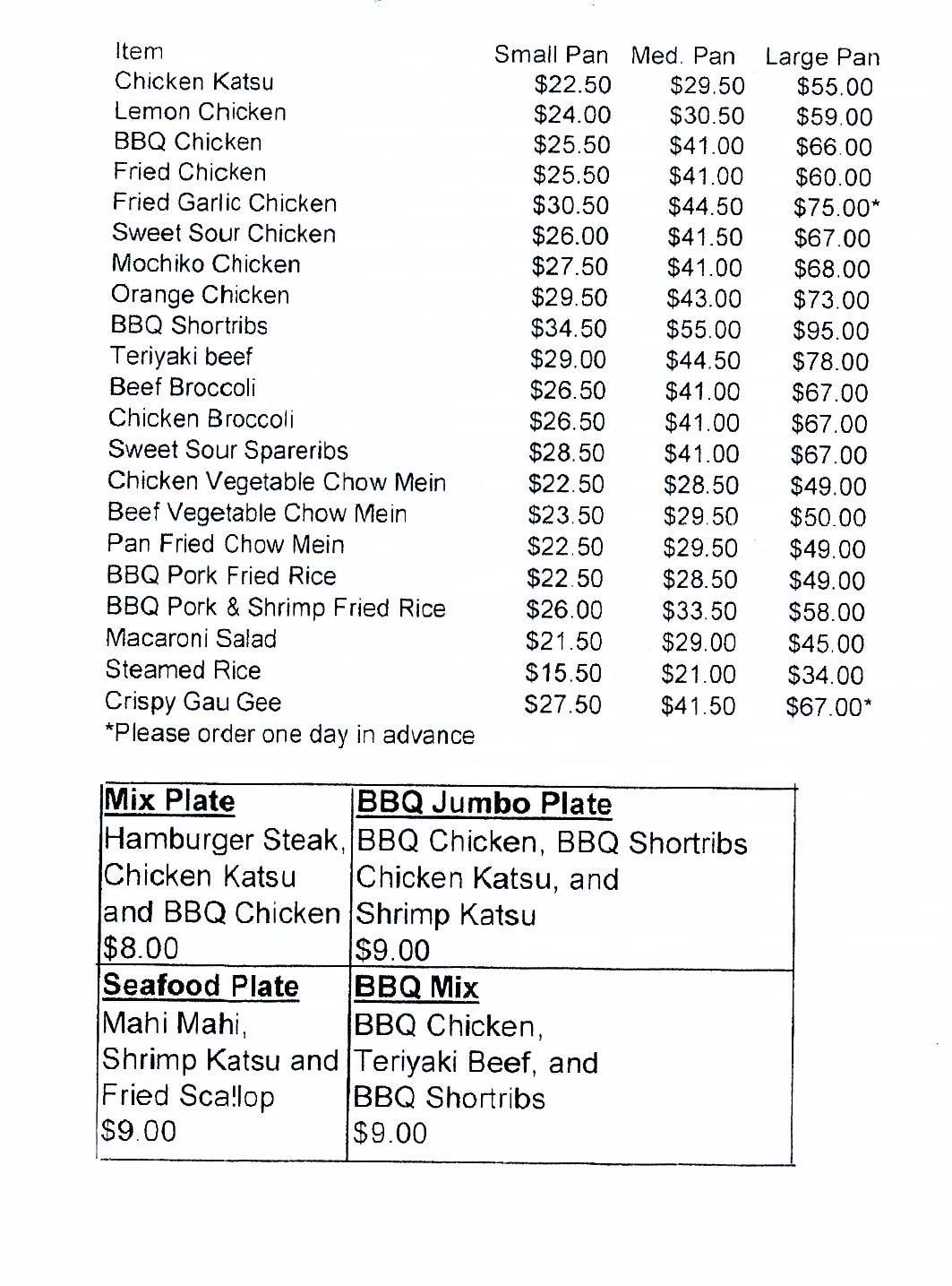 Menu at Mark's Drive Inn BBQ, Honolulu