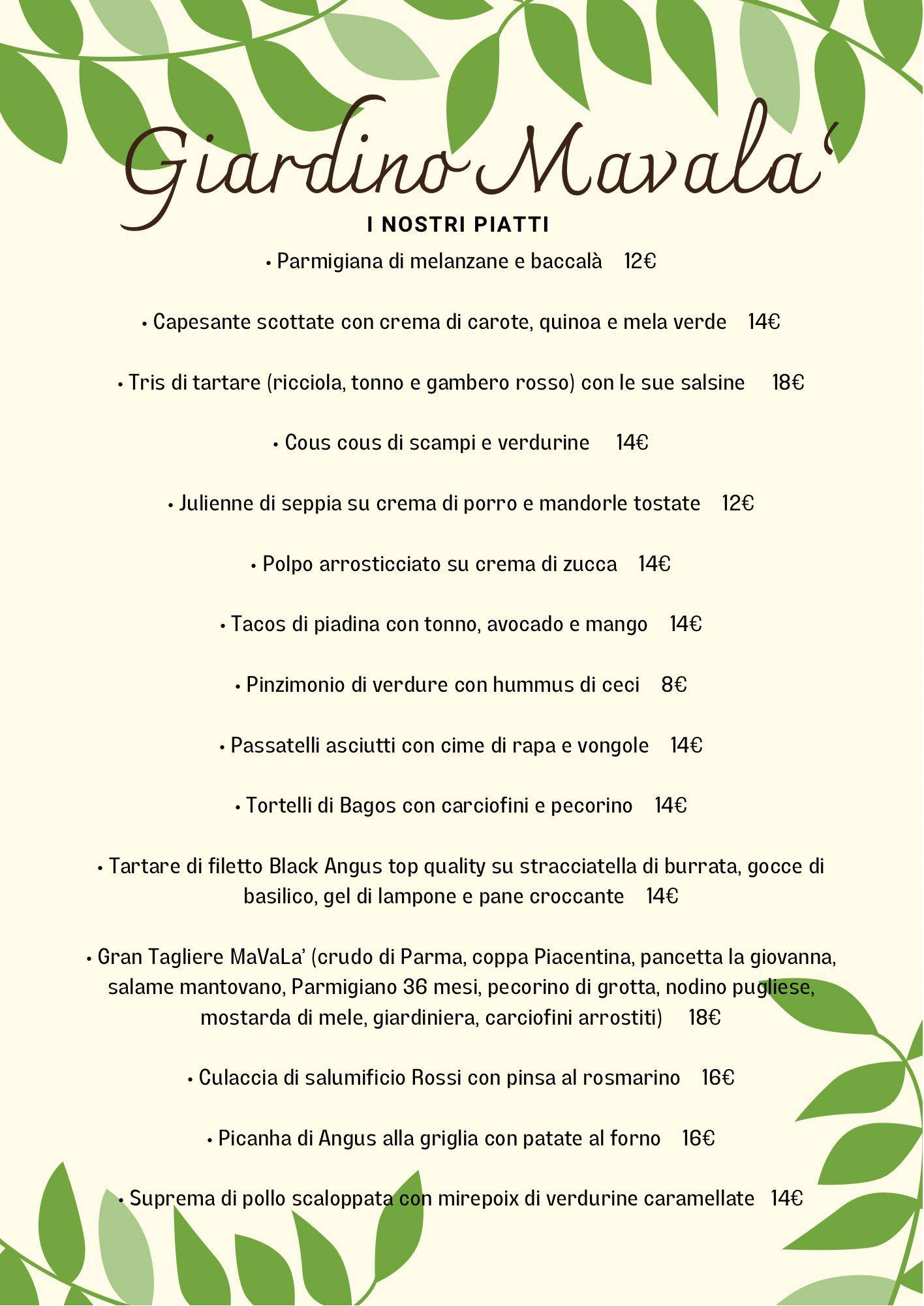Menu di Mavalà 