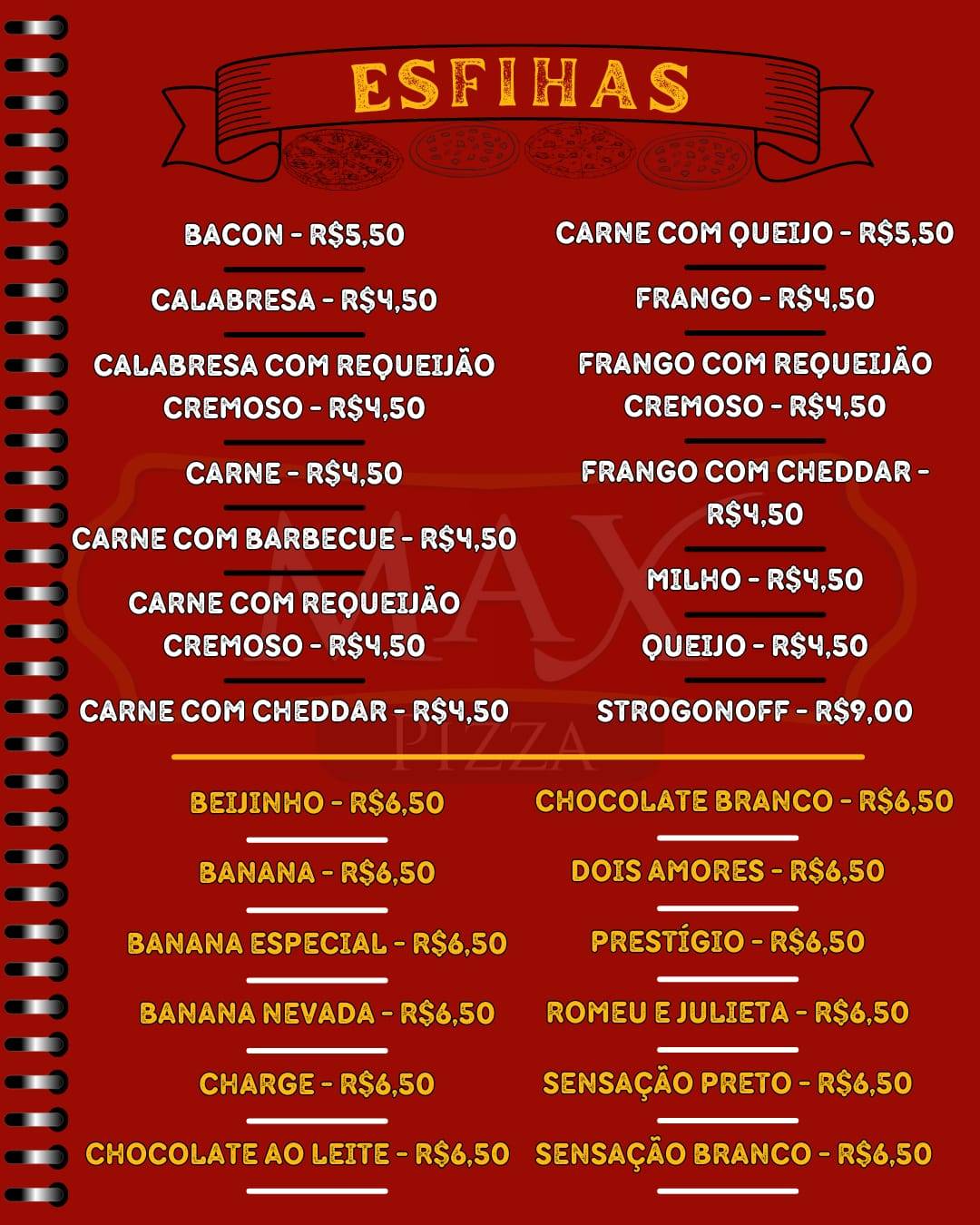 Max Pizza cardápio