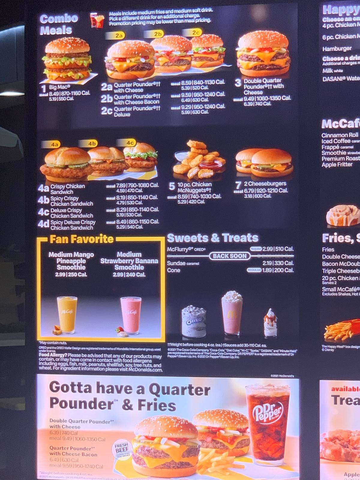 Menu at McDonald's fast food, Monrovia, 480 W Huntington Dr