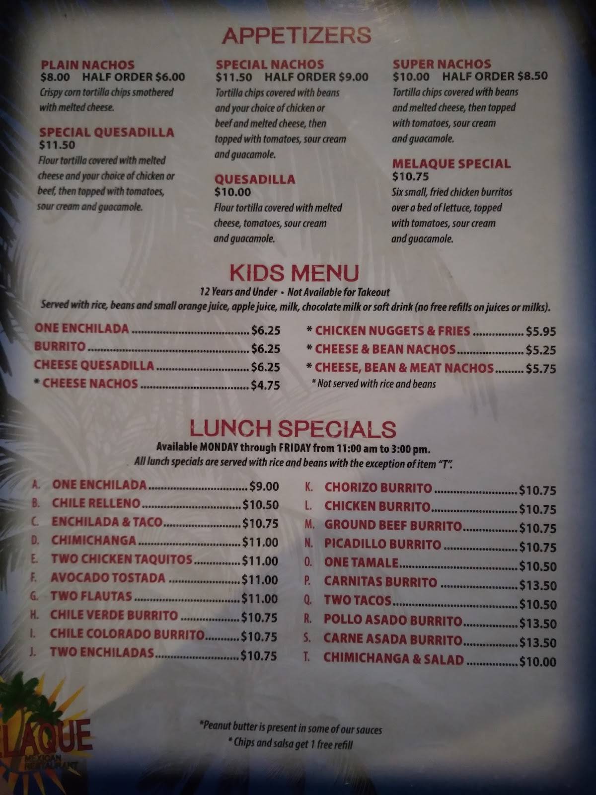 Menu at Melaque Mexican Restaurant, Helena