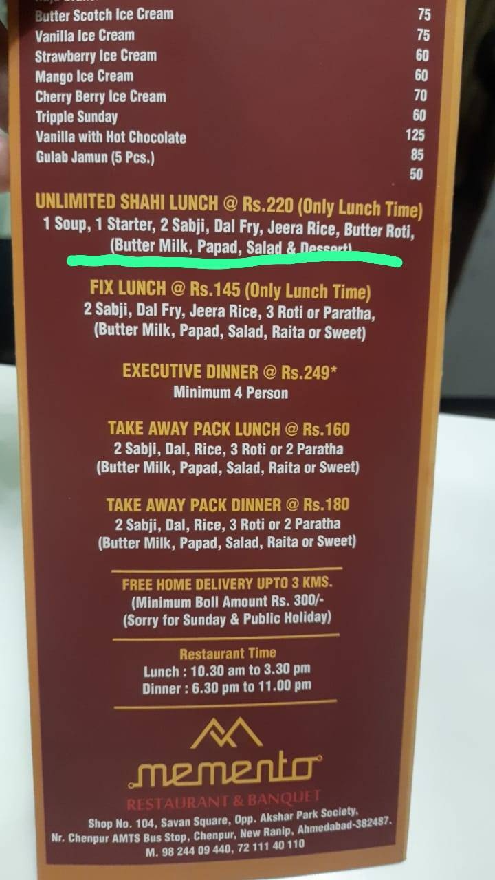 Memento Restaurant & Banquet menu