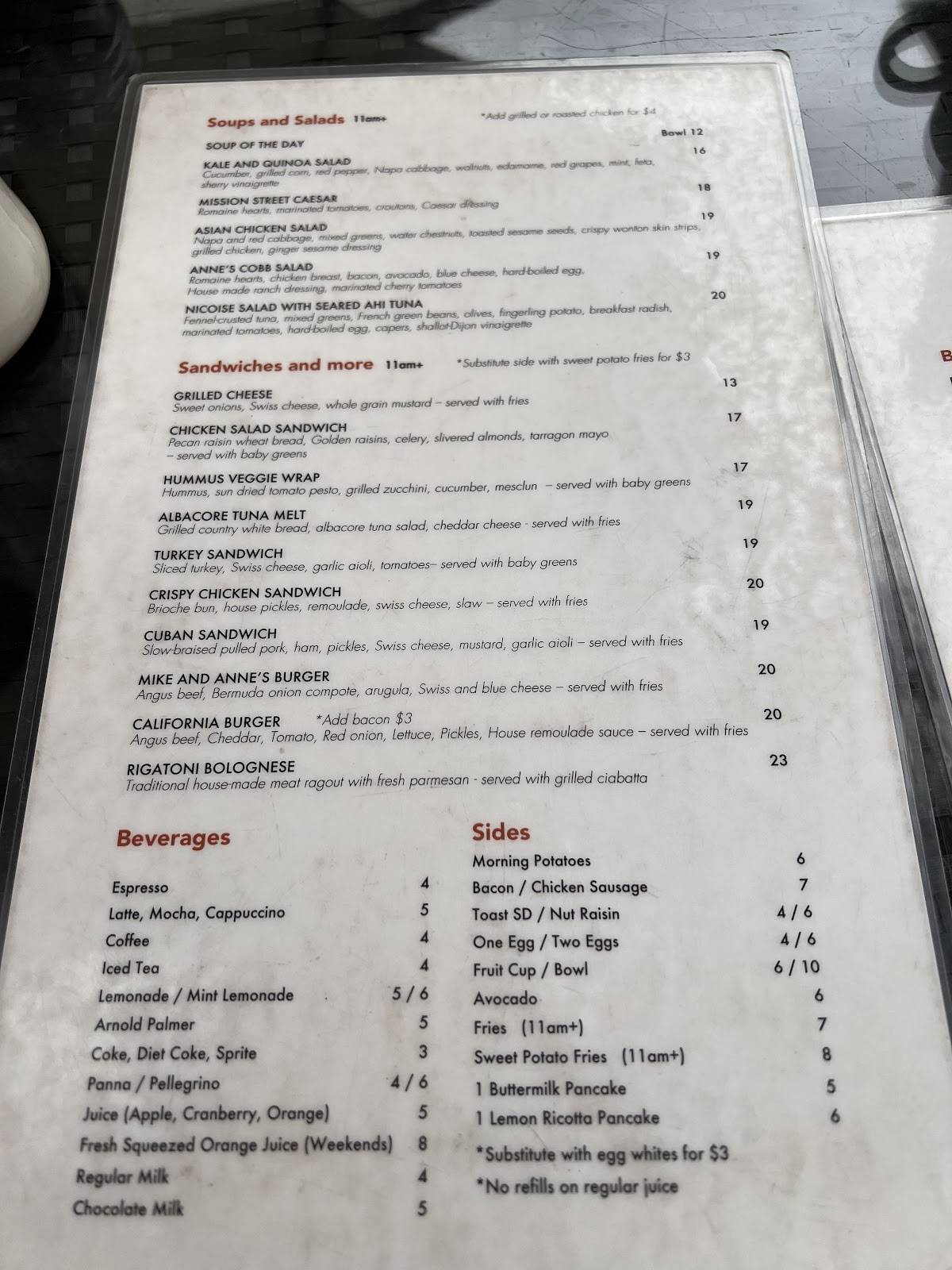 Menu at Mike & Anne's restaurant, South Pasadena
