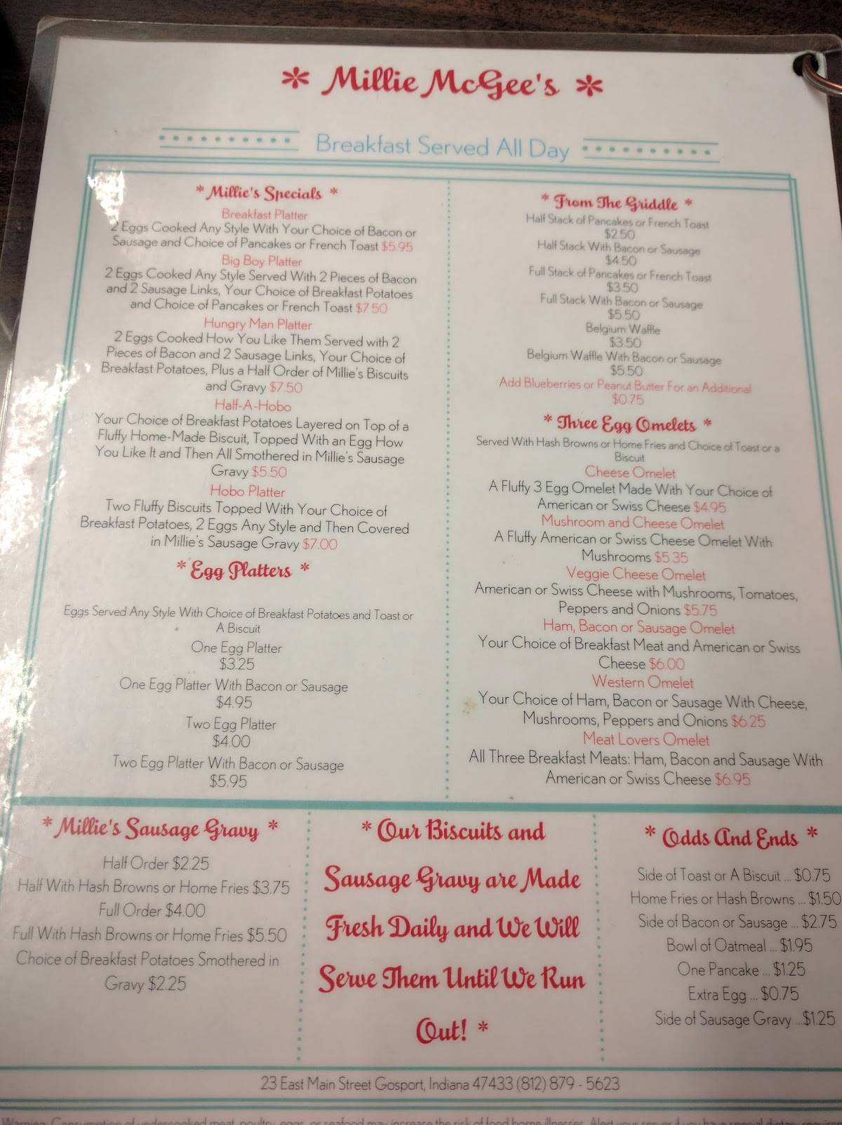 Menu at Millie McGee's Gosport Diner Restaurant, Gosport