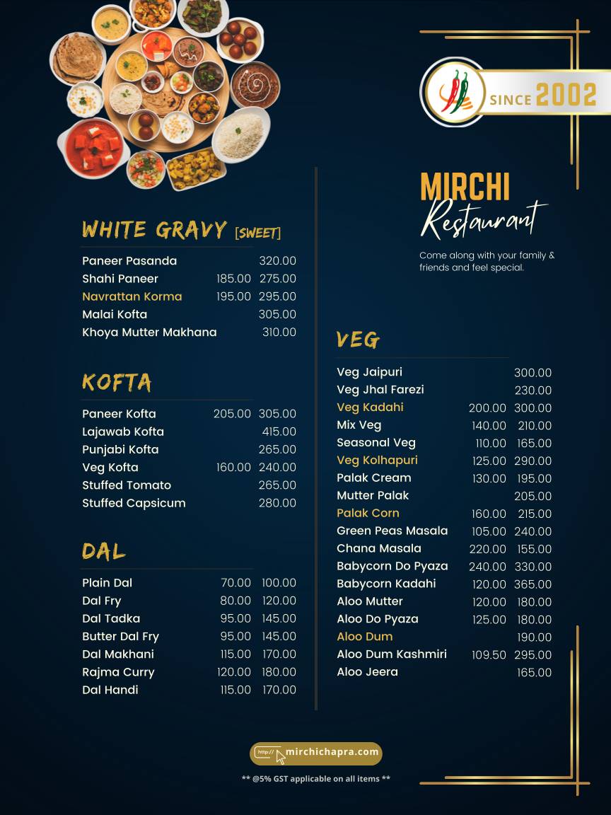 Mirchi Restaurant menu