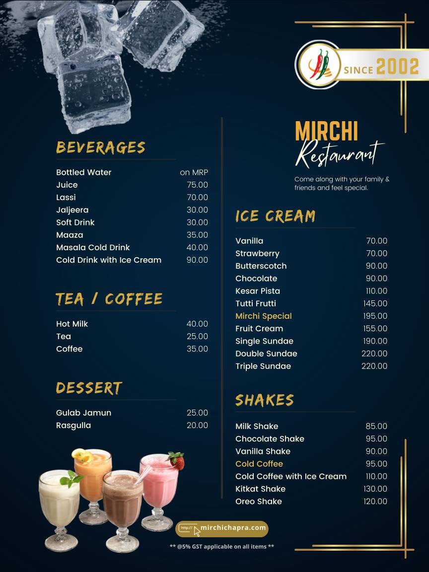 Mirchi Restaurant menu