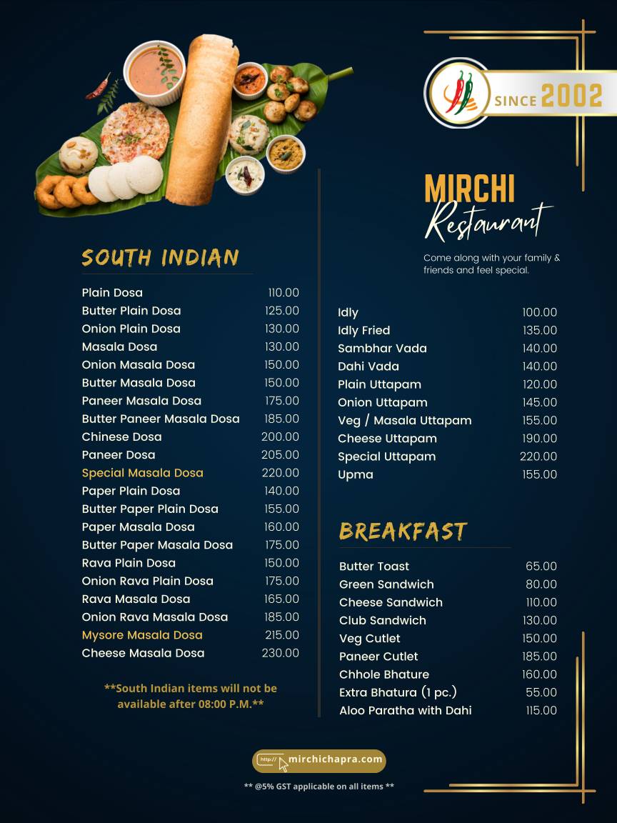 Mirchi Restaurant menu
