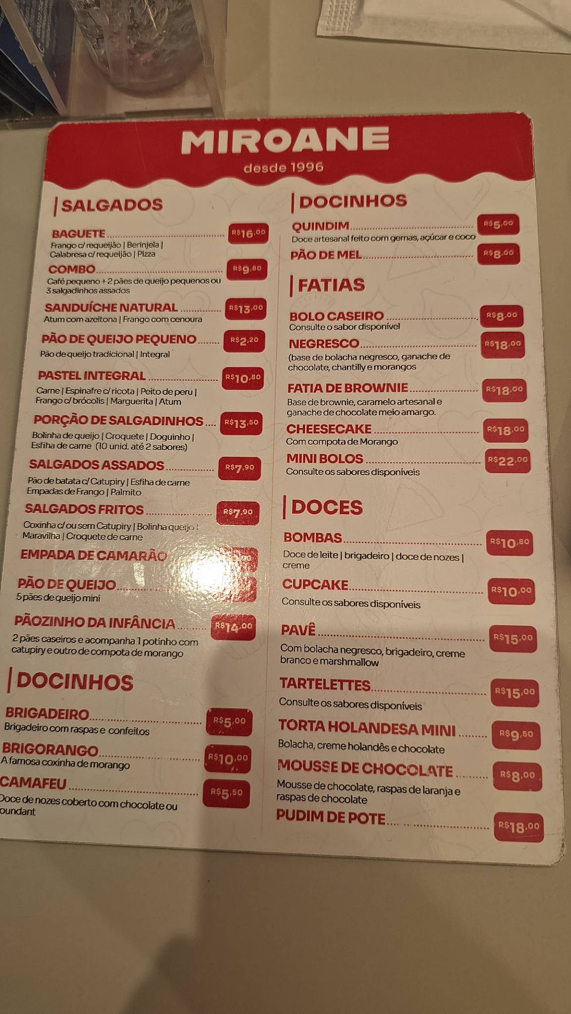 Miroane Doceria cardápio