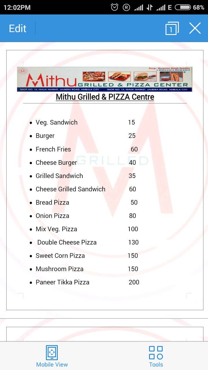 Mithu grilled & pizza centre menu