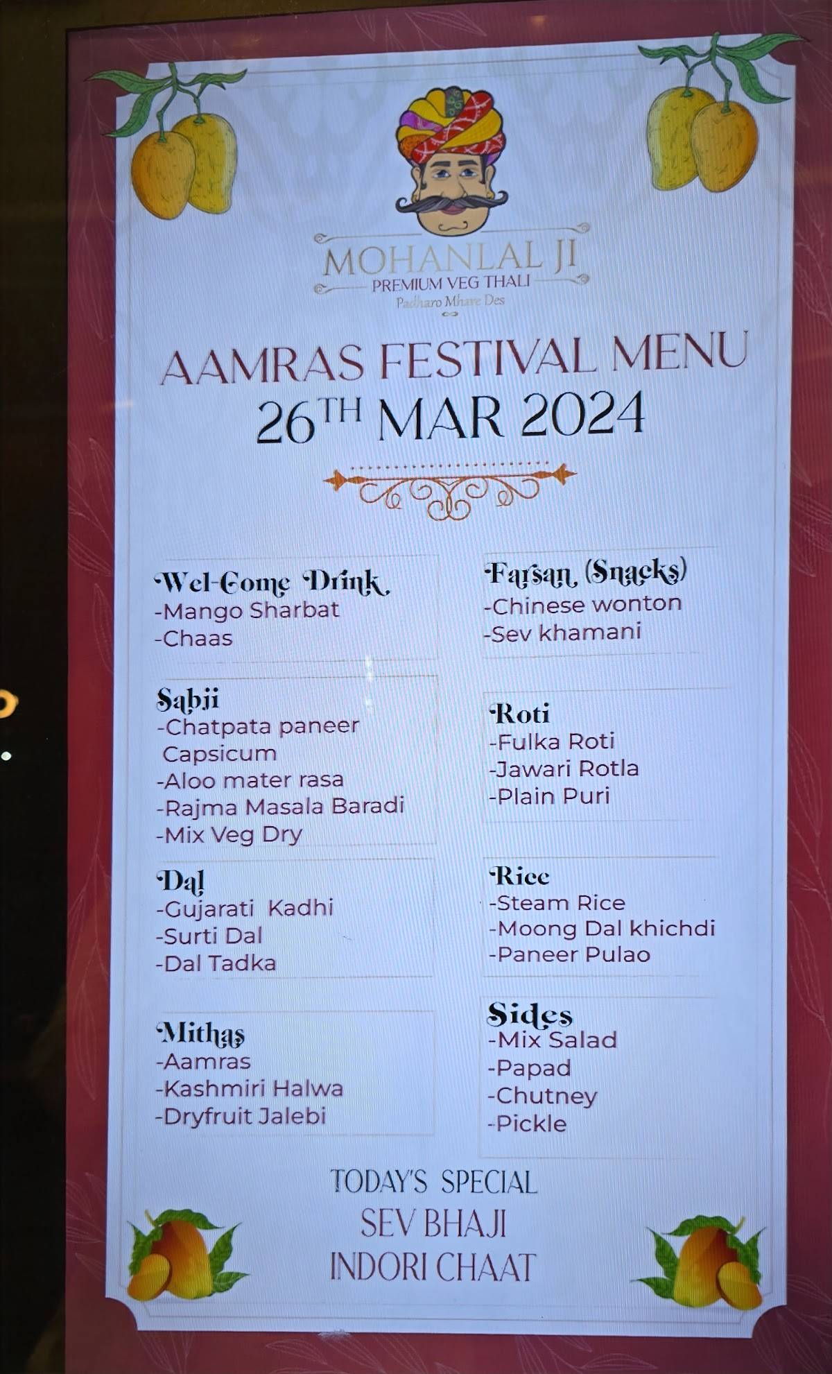 Mohanlal Ji Premium Veg Thali & Banquet menu