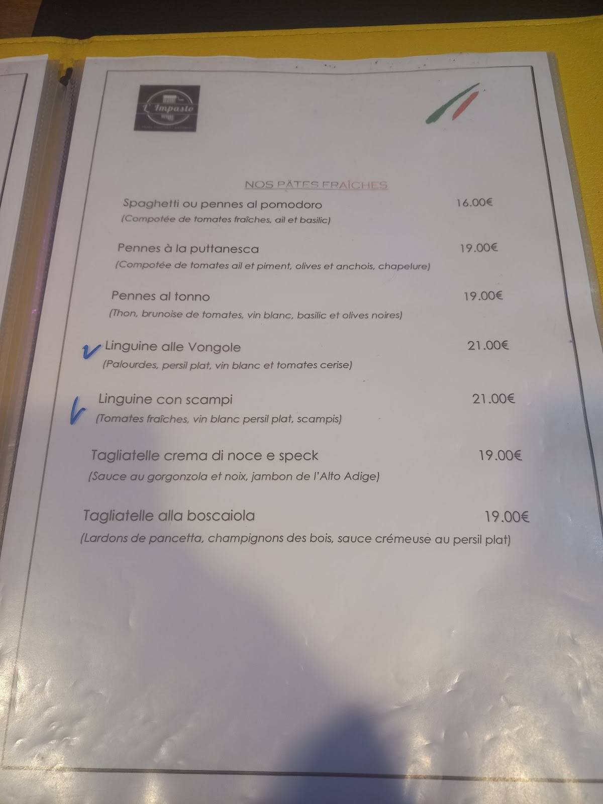 Menu de L’Impasto