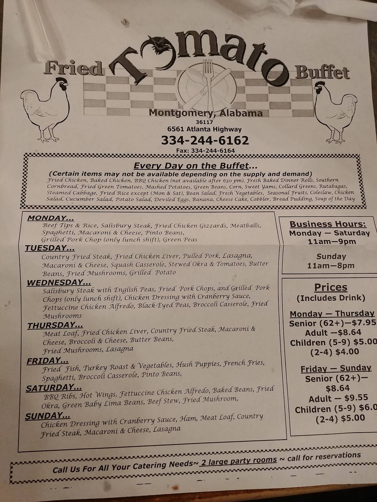 Menu at Fried Tomato Buffet restaurant, Montgomery, 6561 Atlanta Hwy