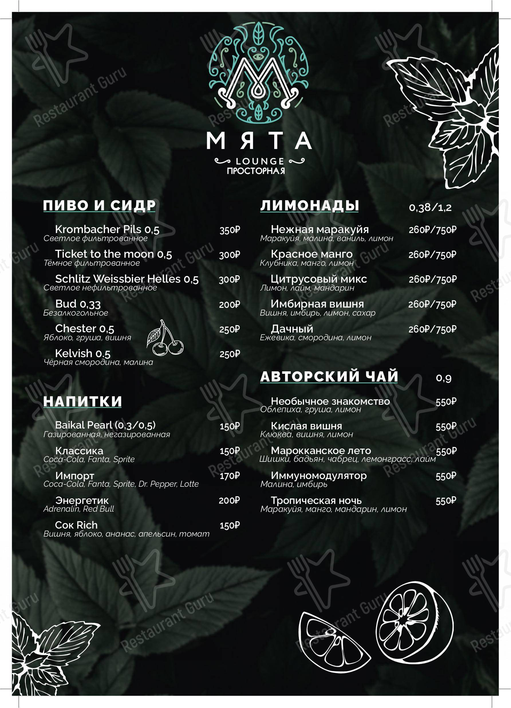 Меню паба и бара Мята Lounge Просторная, Москва, Просторная улица