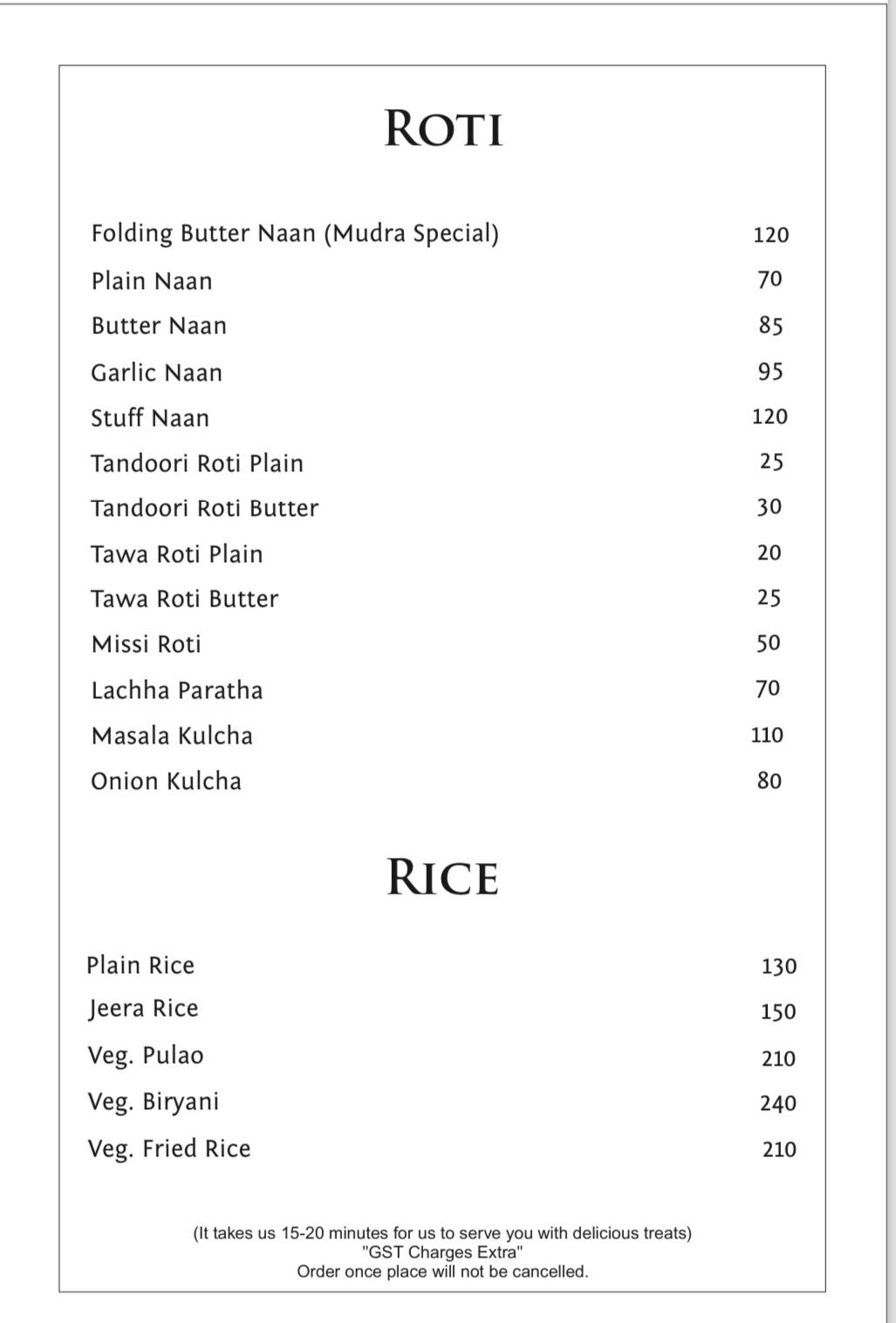 Mudra Restaurant menu