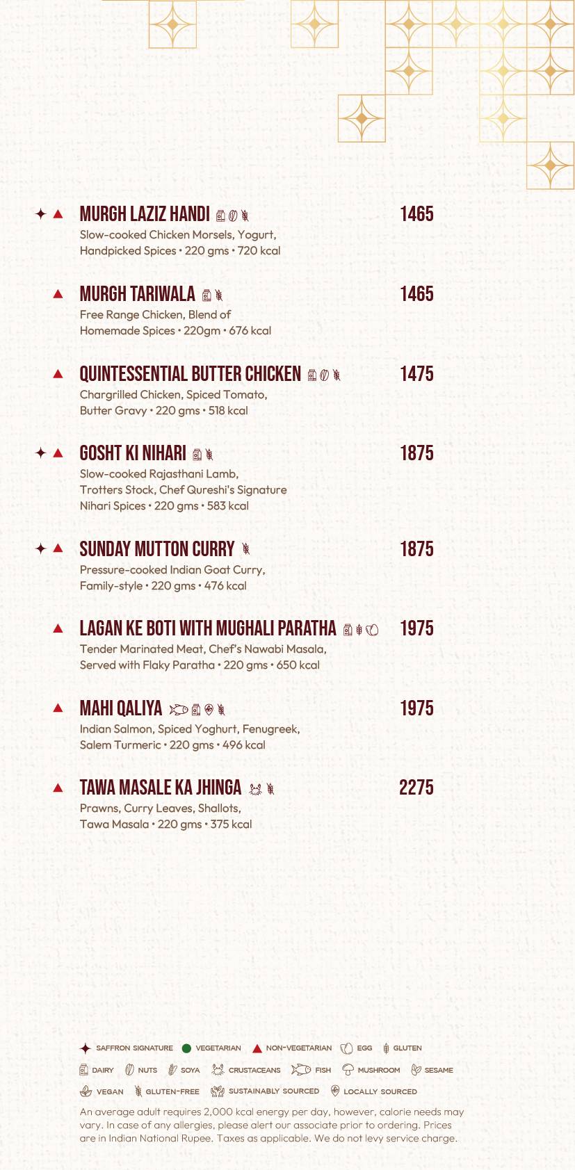 Saffron JW Marriott Mumbai Juhu menu