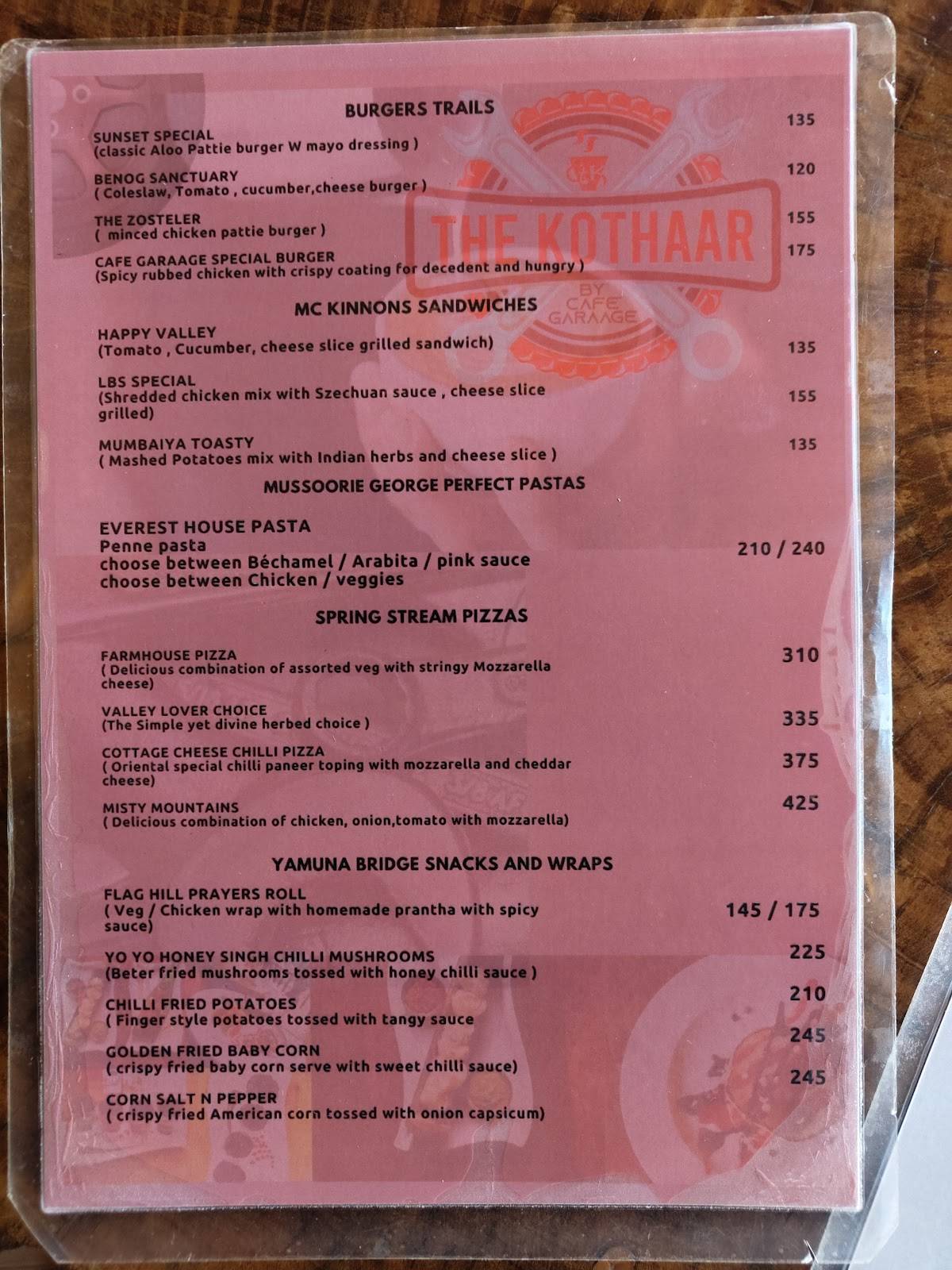 The Kothaar By Cafe Garaage menu