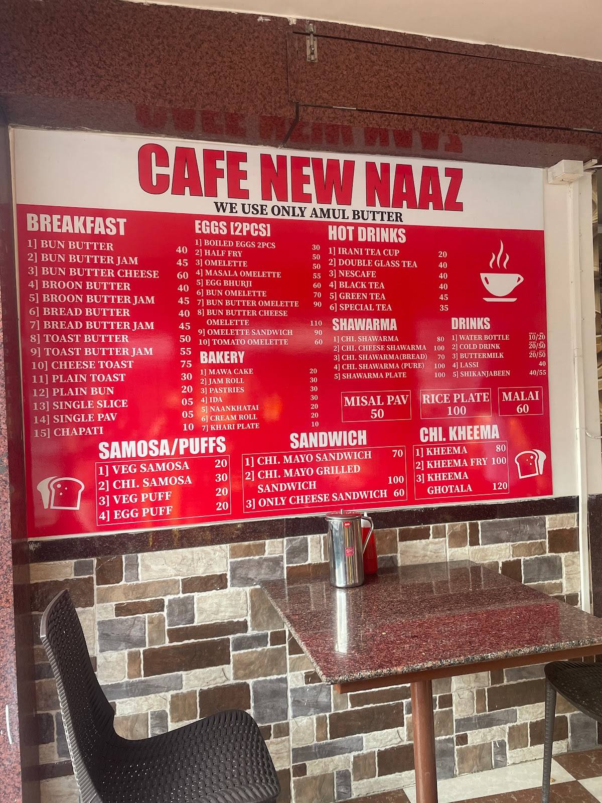 NAAZ Bakery menu