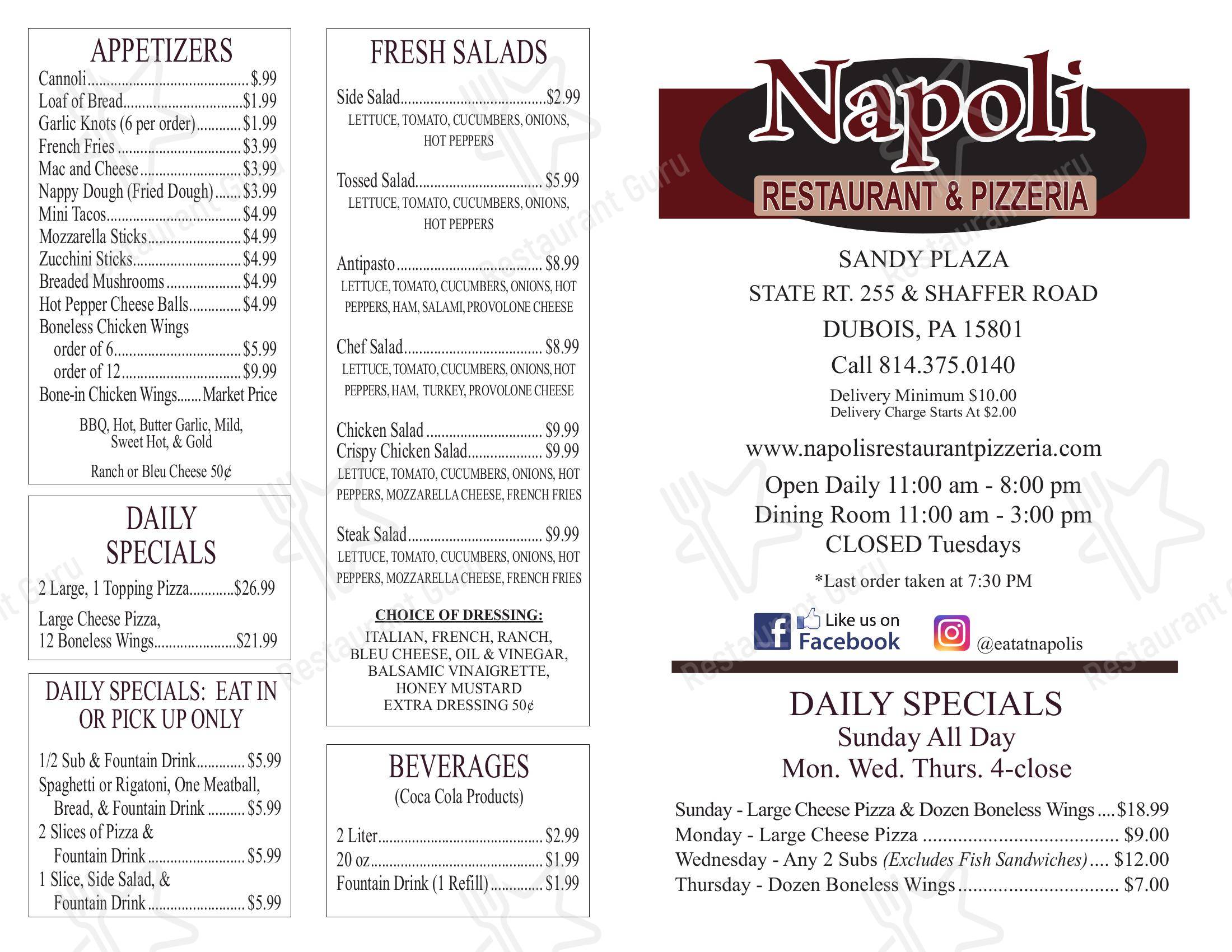 Menu at Napoli's Restaurant & Pizzeria, DuBois, PA-255