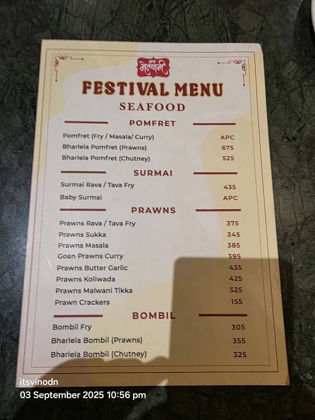 Nav Mejwani Seafood Restaurant menu