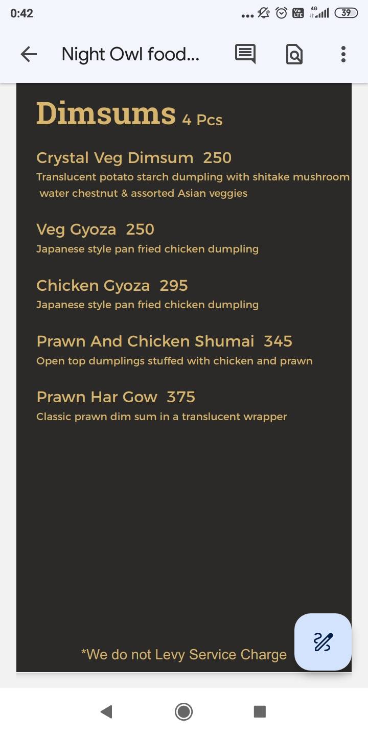 Night Owl Sky Lounge menu