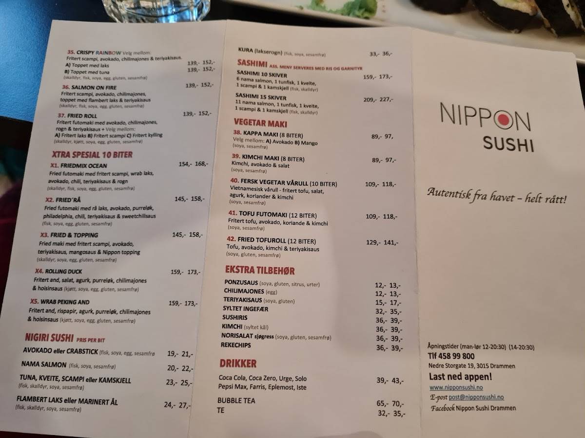 Menu at Nippon Sushi restaurant, Drammen