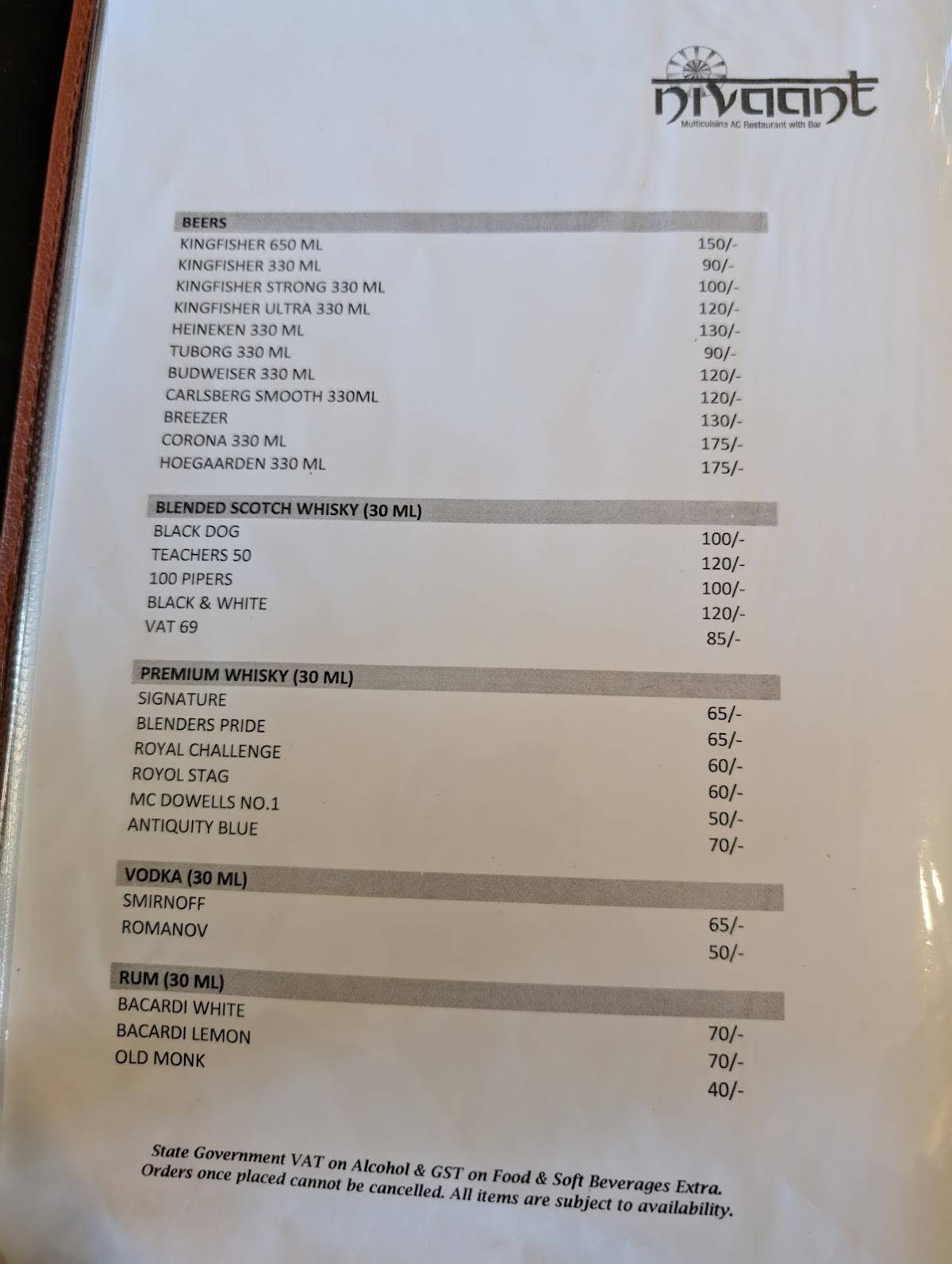 Nivaant Multicuisine AC Restaurant with Bar menu