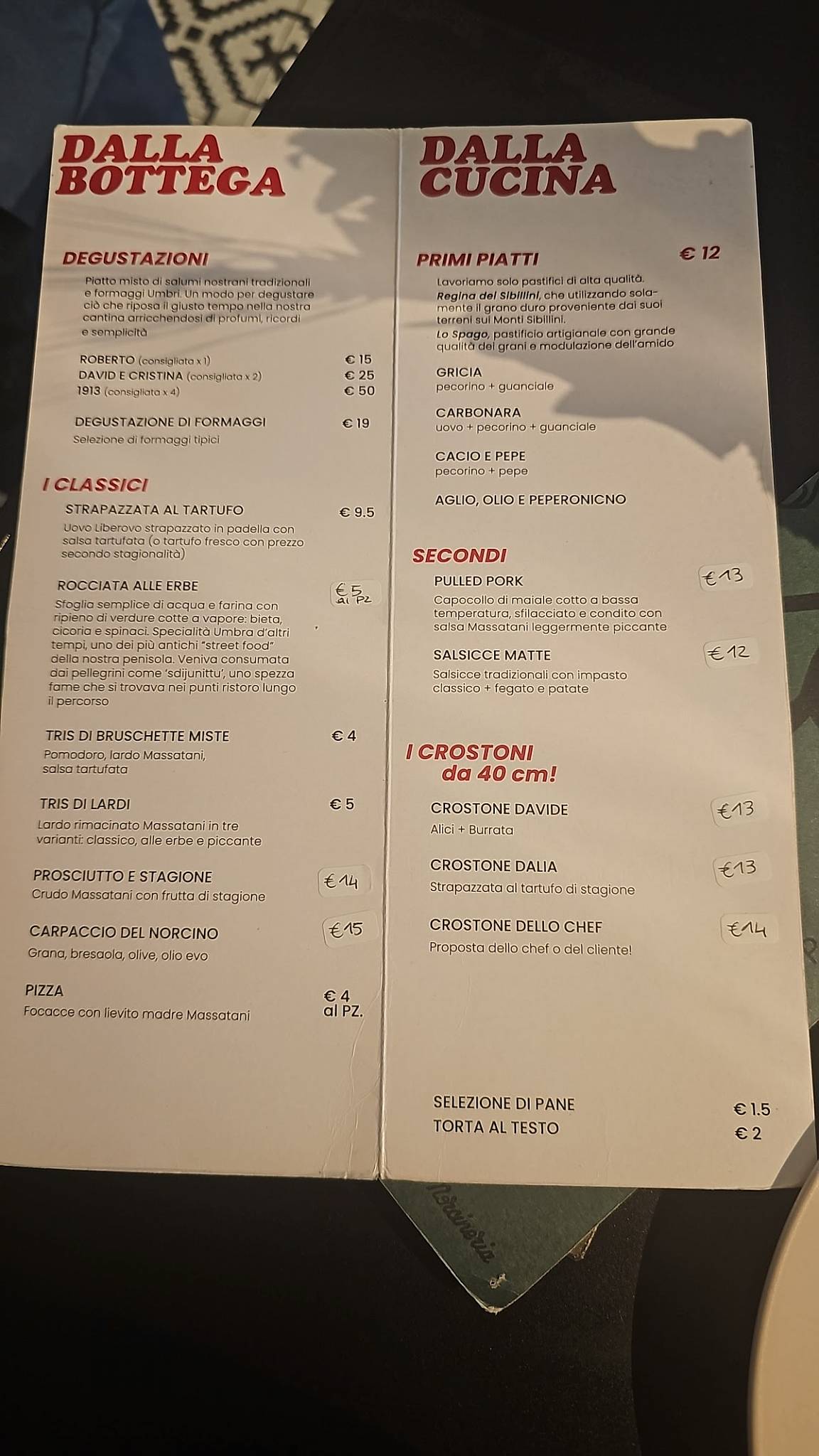 Menu di Norcineria Massatani 1913 