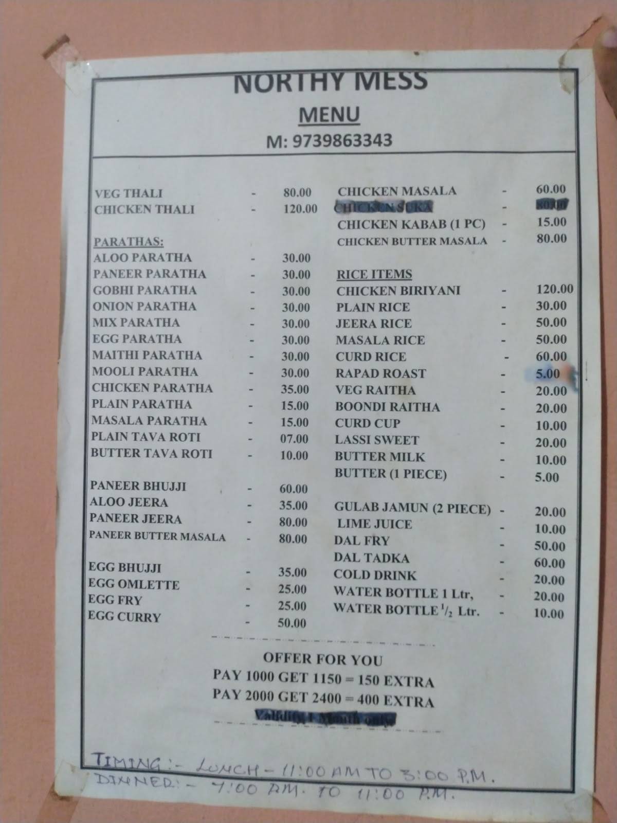 Northy Mess, Manipal menu