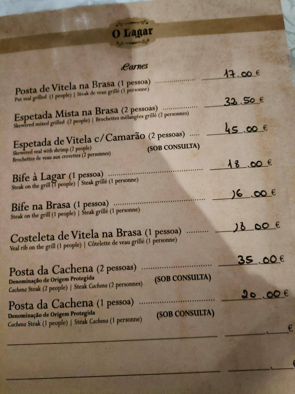 Carta Del Restaurante O Lagar Arcos Del Valdevez