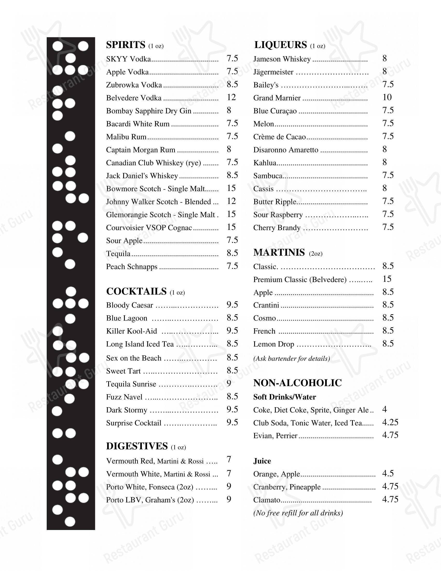 Menu pour ONoir Toronto - Menu bar