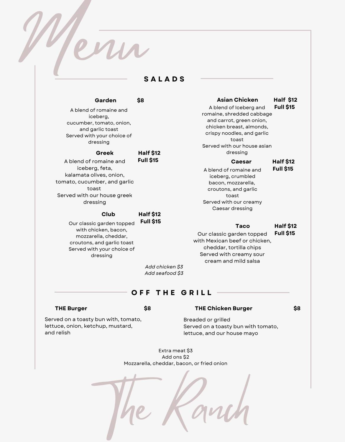 Menu at Back At The Ranch restaurant, Oakbank