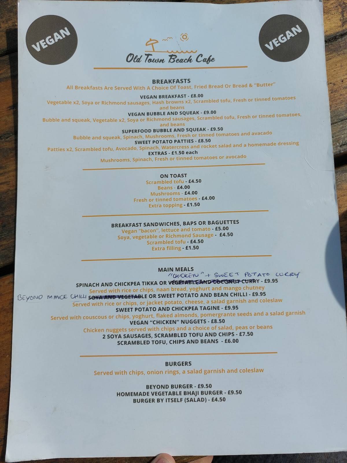 Menu at Old Town Beach Cafe, Hunstanton