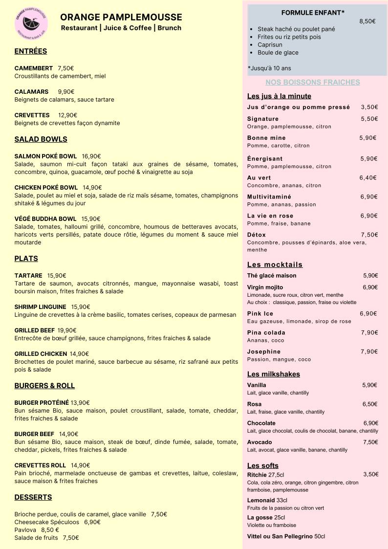 Menu de Orange Pamplemousse